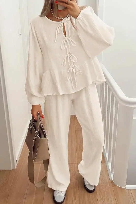 White Solid Color Front Tie Long Sleeve Top And Wide Leg Pant Set