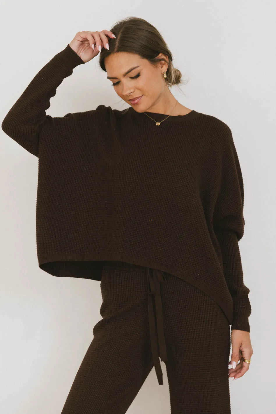 Jesse Waffle Knit Top in Brown - FINAL SALE