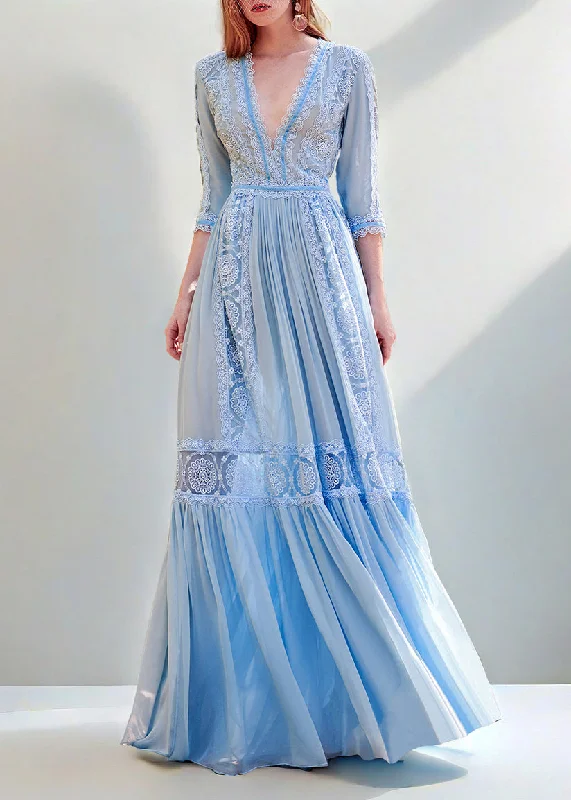 New Blue V Neck Wrinkled Lace Patchwork Chiffon Dresses Summer