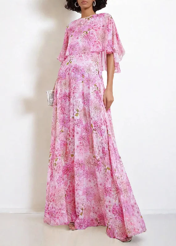 Bohemian Pink O Neck Print Chiffon Maxi Dresses Butterfly Sleeve