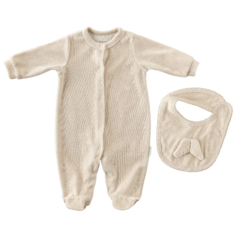 Beige Velvet Babygrow & Bib