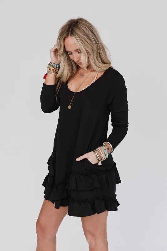 The Nest Constance Ruffle Hem Long Sleeve Dress - Black