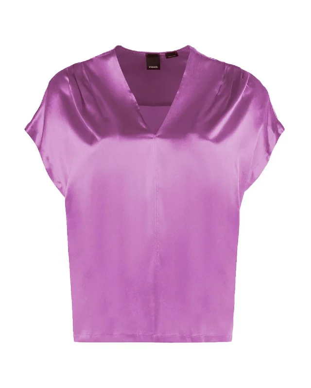 PINKO  Women's Purple Silk Blouse PI-14250    Luxury Purple Silk V-Neck Blouse by      Short Sleeve V-Neck Silk Blouse