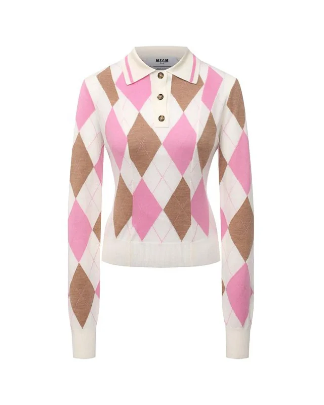 MSGM  Argyle Knit Polo Sweater for Women PinkWhiteBrown