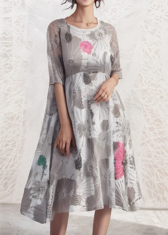 Loose Grey O Neck Print Silk Dresses Half Sleeve