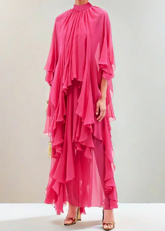 Organic Rose Ruffled Asymmetrical Design Silk Maxi Dresses Spring