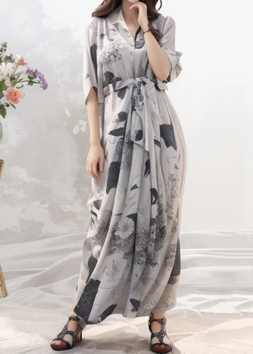 French Grey Print Tie Waist Silk Maxi Dresses Half Sleeve