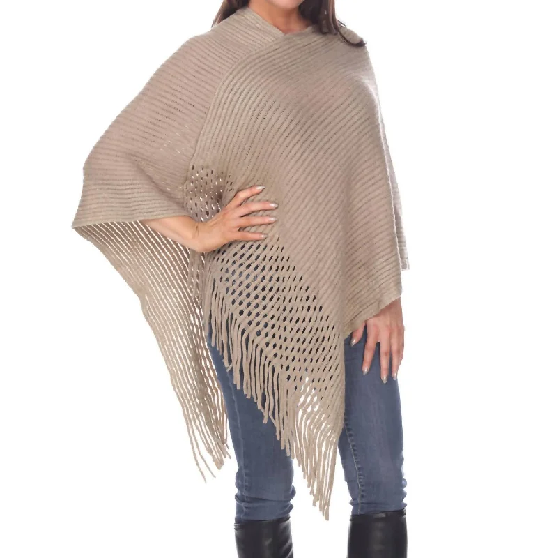 Sansa Gold Knit Fringe Poncho In Beige