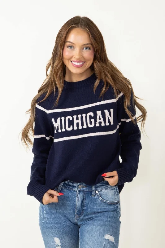 Thread & Supply Michigan Varsity Lettering Sweater for Women in Navy | T2346SWTS