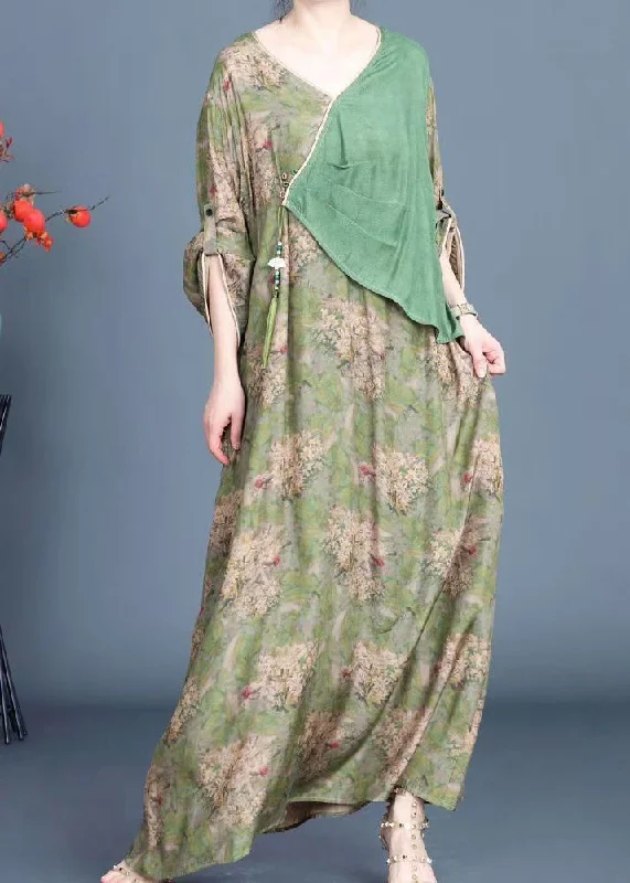 New Green Button Print Patchwork Silk Dresses Fall