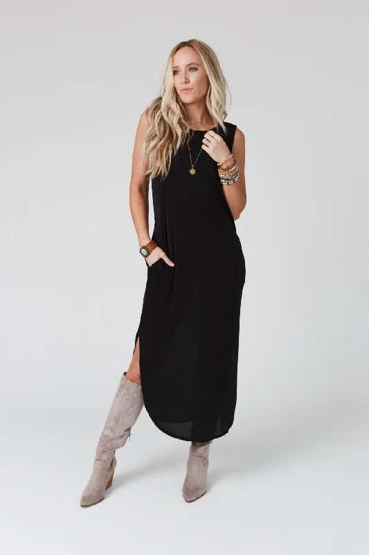 The Nest Cassie Sleeveless Pocket Slinky Maxi Dress - Black