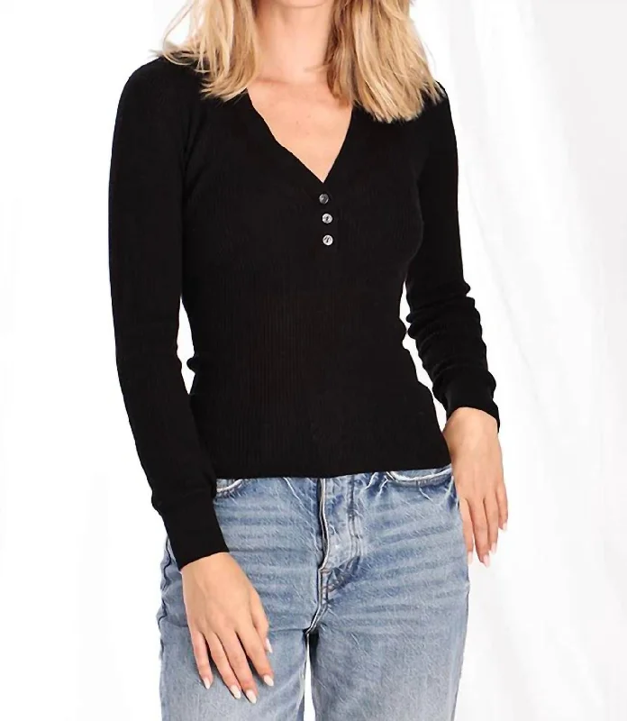 Fine Silk/cashmere Henley Long Sleeve Top In Black