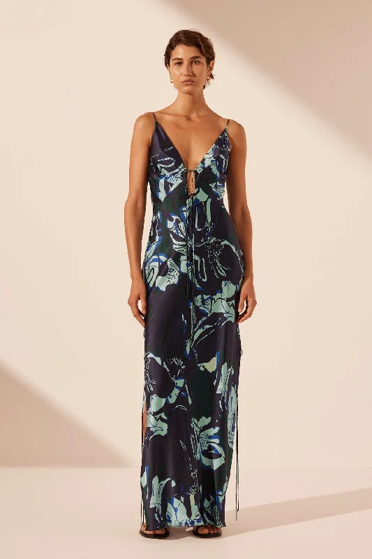 FRANCO SILK PLUNGED SLIP TIE MAXI DRESS