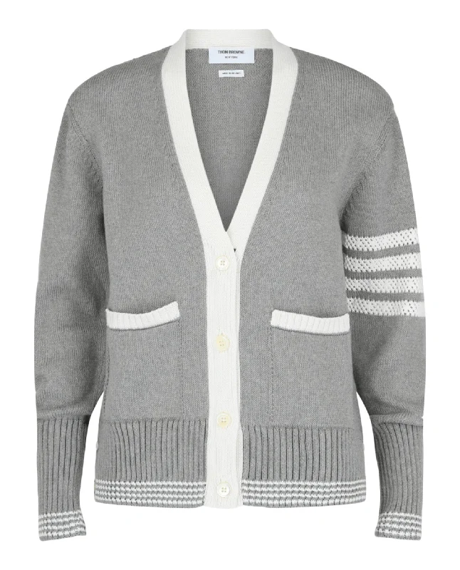 Thom Browne Womens Jersey 4-Bar V-Neck Pointelle Cardigan