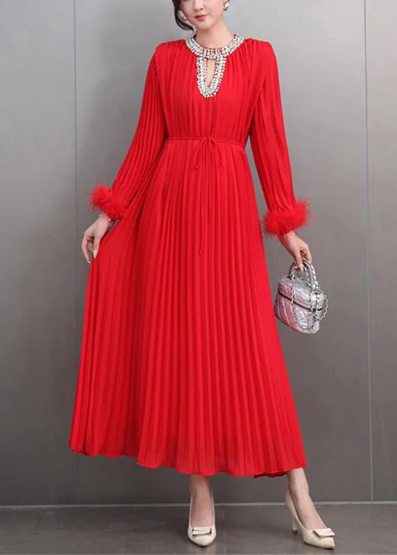 Italian Red O-Neck Wrinkled Patchwork Zircon Maxi Dresses Spring