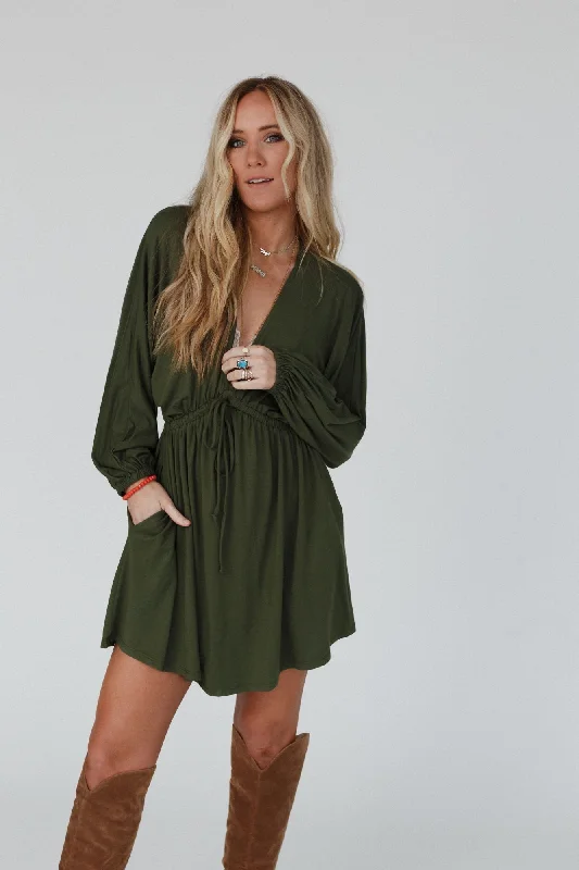 The Nest Sweet Vacay Long Sleeve Dress - Super Olive