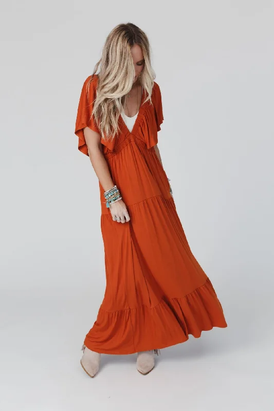 On Repeat Open Back Ruffle Maxi Dress - Spice