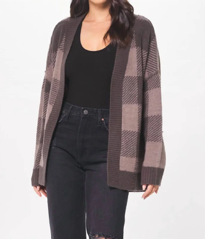 Plaid Checker Soft Knit Cardigan In Taupe