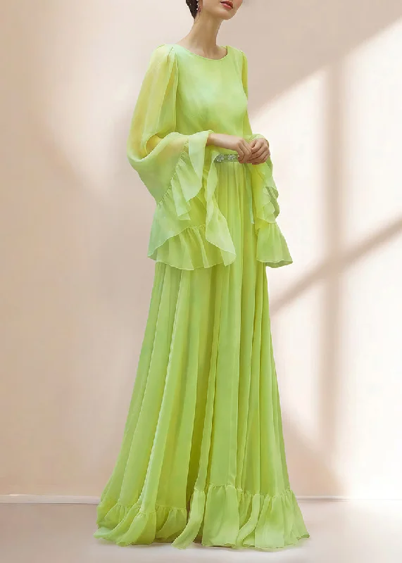 Beautiful Green Ruffled Patchwork Silk Dresses Spring