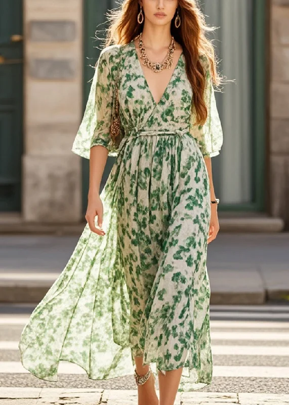 Stylish Green V Neck Print Chiffon Long Dresses Summer