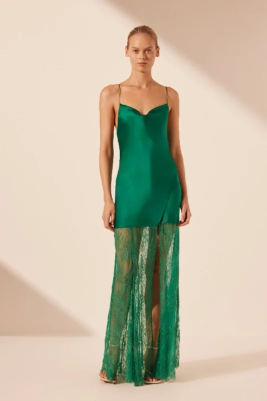 ELLE SILK LACE COWL MAXI DRESS - EMERALD GREEN