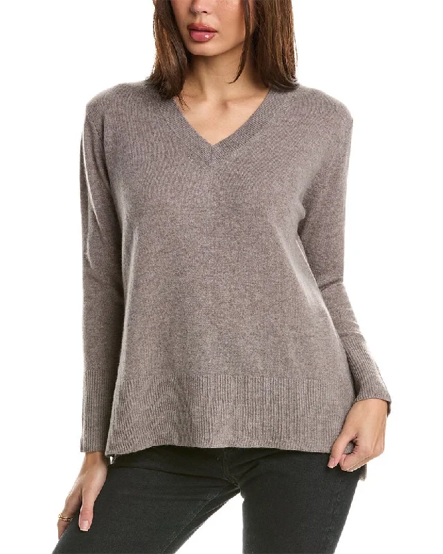 Forte Cashmere High-Low Seamed V-Neck Cashmere Sweater