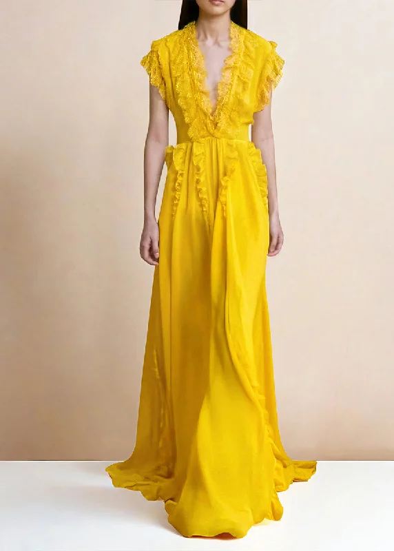 Boutique Yellow V Neck Ruffled Patchwork Silk Dresses Summer