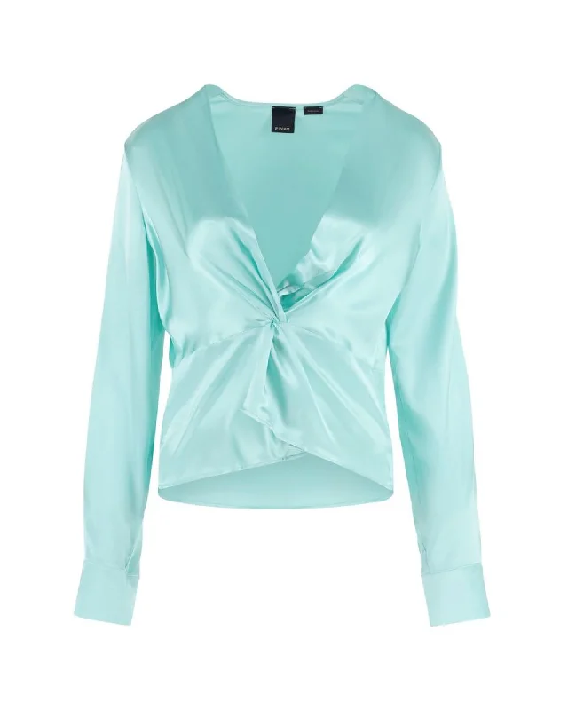 PINKO  Women's Mint Green Silk Knotted Blouse     Silk Blouse with Knotted Front - Mint Green    Women's Luxury Silk Blouse - Mint Green -