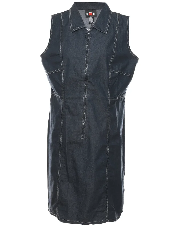 Dark Wash Zip-Front Denim 1990s Dress - XL