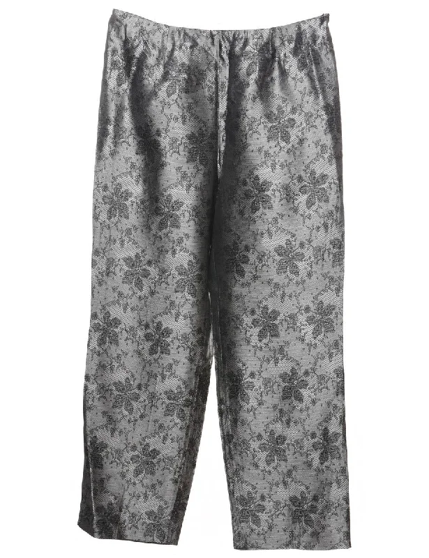 Floral Design Black & Silver Shiny Lace Trousers - W32 L32