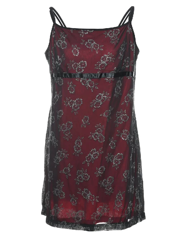 Floral Print Black & Maroon 1990s Sparkly Mini Dress - M