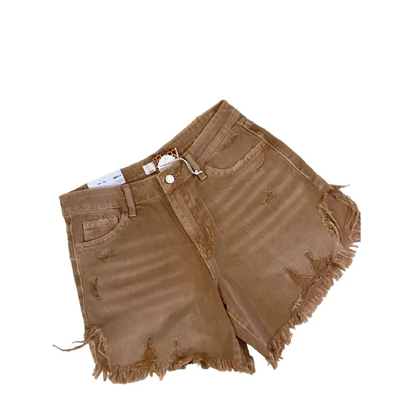 Women's High Rise Distressed Shorts In Brown